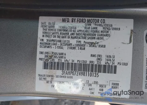 2009 Ford Fusion Se z USA, uszkodzony, nr VIN 3FAHP07Z49R110135